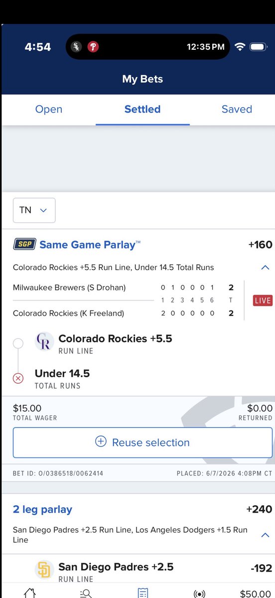 ActorRickM's tweet photo. @FanDuel example of inaccurate information. Rockies got beat bad. Look what’s in my lost bets ? If this was accurate I would have won. All the current games- Mets/padres- Angels and Dodgers are not accurate either . https://t.co/ySQuXniC1H