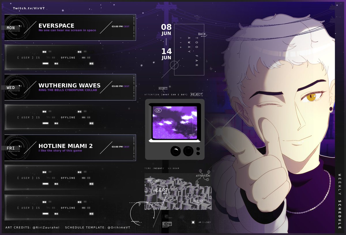 VirVT_'s tweet photo. Everybody come and grab this week's schedule🎭

✦Monday: We try something new with Everspace

✦Wednesday: WuWa 3.4 is out and so is the Cyberpunk collab!

✦Friday: Hotline Miami 2: Electric Boogaloo https://t.co/fMD9XFrFZa