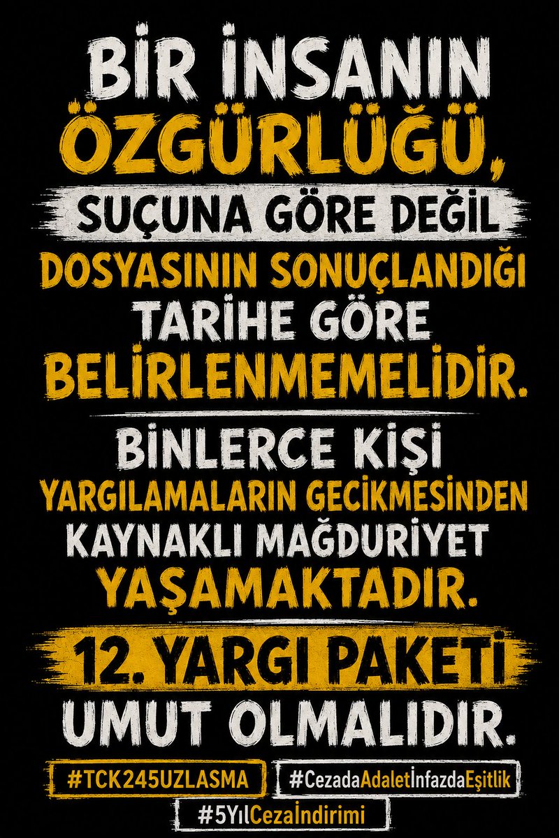 ercaneroglu369's tweet photo. @avoguzhankaya Geciken yargı, geciken adalet demektir. Ancak geciken yargının bedeli vatandaşın özgürlüğü olmamalıdır. Dosya tarihine bağlı eşitsizlikler son bulmalı, 12. Yargı Paketi ile adalet ve eşitlik sağlanmalıdır. #TCK245UZLASMA #CezadaAdaletİnfazdaEşitlik #5YılCezaİndirimi https://t.co/xrbZeCMsyp