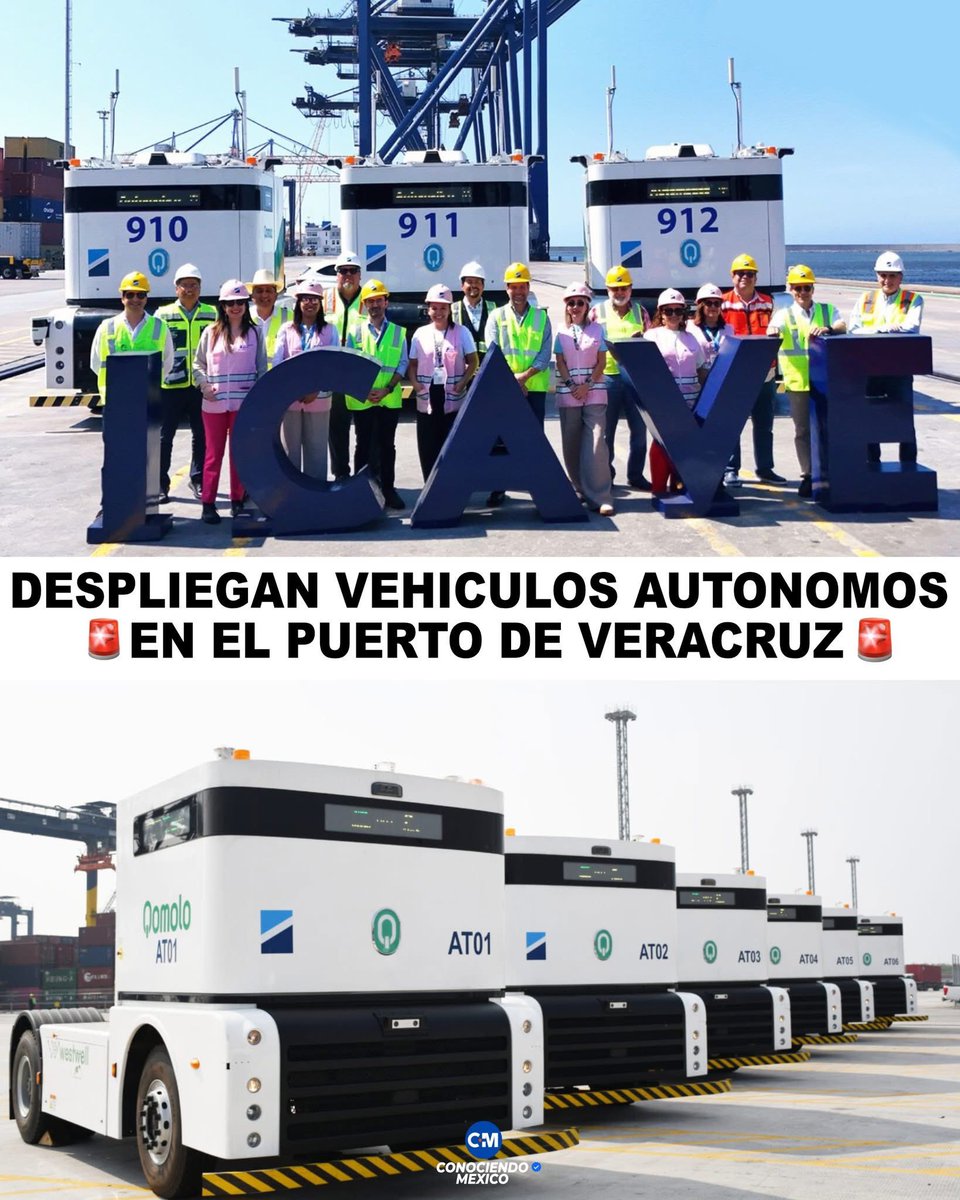 VigiaCiudadano7's tweet photo. 🇲🇽🚢 El Puerto de Veracruz comenzó el despliegue de vehículos autónomos con inteligencia artificial para mover contenedores sin conductor, marcando un nuevo paso hacia la automatización logística.

Hutchison Ports ICAVE invirtió más de 62.8 millones de pesos para incorporar seis nuevos camiones autónomos, alcanzando un total de 12 unidades sin conductor dentro de la terminal. El proyecto también incluye maquinaria eléctrica para modernizar las operaciones portuarias.

El Puerto de Veracruz inició operaciones con los primeros camiones autónomos Qomolo entre 2024 y 2025, convirtiéndose en el primer puerto de América Latina en implementar este tipo de tecnología. Estos vehículos cuentan con autonomía de Nivel 4, mediante conectividad 5G y Fleet Management System. 

Además, se prevé la incorporación gradual de más vehículos autónomos para ampliar las operaciones automatizadas del puerto.