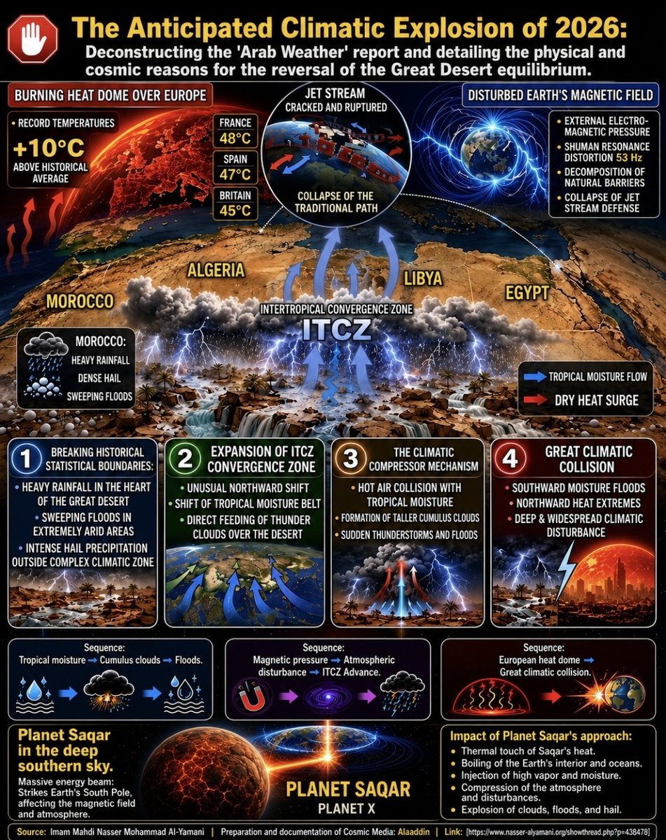 IamAlaaddin's tweet photo. Part 2: The Physical Mechanism (The Direct Cause)

This disruption is not caused by human carbon emissions; it is a direct response to a massive cosmic mechanism:

1. Subsurface Thermal Touch (Seething Oceans): As Planet Saqar approaches, its heat radiation penetrates deep into the Earth and the oceans. This causes boiling and surging in the Earth's magma and deep waters (thermal anomalies reaching +8°C). This internal boiling pumps terrifying amounts of water vapor into the sky—the fierce humid fuel feeding these atmospheric rivers and causing them to explode into destructive floods.
2. The Magnetic Piston (Crushing the Atmosphere): Planet Saqar’s heat exerts pressure on Earth’s magnetosphere. This pressure has raised the Schumann resonance (Earth's heartbeat) to 53 Hz. This specific frequency is responsible for tearing the Jet Stream, depriving the atmosphere of its flexibility and turning Earth into a closed condenser that cannot cool itself.
3. Collision of Opposites (The End of Seasons): Because Earth is compressed from within (by boiling oceans) and from without (by electromagnetic pressure), the seasonal system has collapsed. Air has no path to move, causing violent collisions: massive tropical moisture hits the arid desert (producing floods), while trapped heat hits Europe (producing deadly heat domes).

Source: Imam Mahdi Nasser Mohammad Al-Yemeni
Preparation and Documentation: Alaaddin
Link: [https://t.co/3J7oIlmnyY)
#lebanese #trump #eps