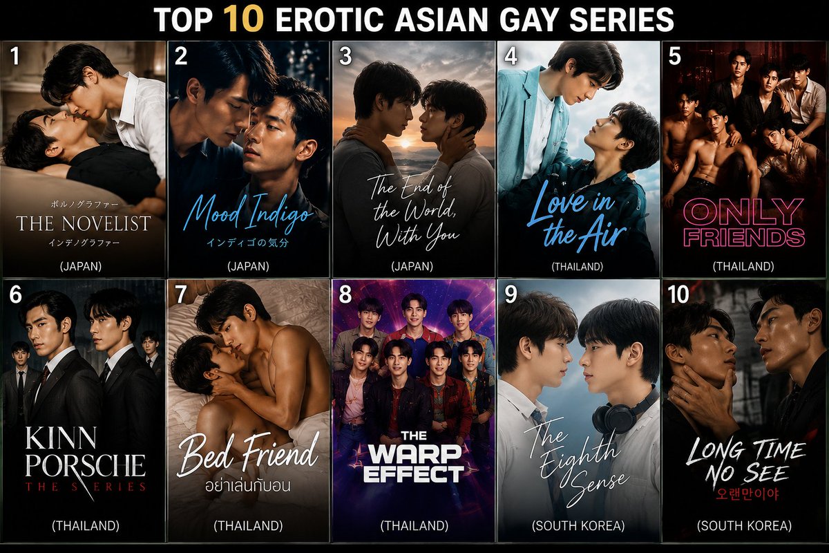 Francoballer1's tweet photo. Top 10 erotic asia gay series.

Which other Asia gay series deserves to be here ❓

1. The Novelist 🇯🇵
Review: A mature, emotional BL with excellent chemistry and layered characters. The slow-burn romance and realistic storytelling make it a fan favorite. Rating: ⭐ 9/10

2. Mood Indigo 🇯🇵
Review: A darker prequel to The Novelist that explores desire, insecurity, and complicated relationships. Intense and beautifully acted. Rating: ⭐ 9/10

3. The End of the World, With You 🇯🇵
Review: Combines romance, regret, and an impending apocalypse into a touching love story with strong chemistry. Rating: ⭐ 8.5/10

4. Love in the Air 🇹🇭
Review: One of Thailand's most popular BLs, featuring charismatic leads, strong romantic tension, and memorable couples. Rating: ⭐ 8.8/10

5. Only Friends 🇹🇭
Review: Messy, addictive, and full of drama. The complex relationships and unpredictable plot kept fans talking throughout its run. Rating: ⭐ 9/10

6. KinnPorsche 🇹🇭
Review: A stylish mafia romance with action, humor, and outstanding chemistry. Often considered a game-changer for BL dramas. Rating: ⭐ 9.5/10

7. Bed Friend 🇹🇭
Review: Starts as a friends-with-benefits story but evolves into an emotional journey of healing and trust. Rating: ⭐ 8.5/10

8. The Warp Effect 🇹🇭
Review: A fun, bold, and inclusive series that mixes comedy, romance, and self-discovery while addressing sexuality openly. Rating: ⭐ 8.5/10

9. The Eighth Sense 🇰🇷
Review: Widely praised for its cinematography, emotional depth, and natural chemistry. One of Korea's best BL dramas. Rating: ⭐ 9.5/10

10. Long Time No See 🇰🇷
Review: A unique action-romance featuring two assassins. Short but engaging, with surprisingly strong emotional impact. Rating: ⭐ 8.5/10