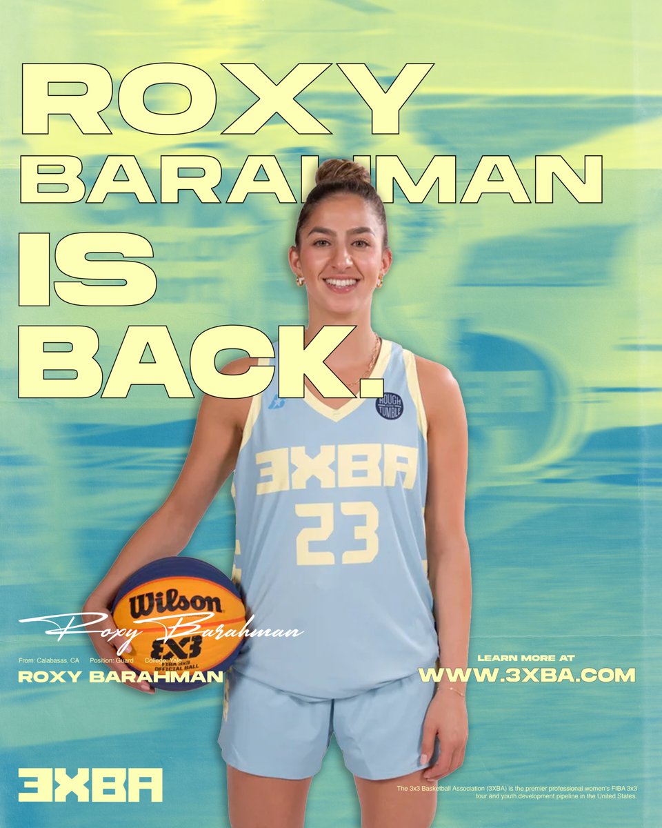 The3xBA's tweet photo. Roxy Barahman IS BACK 👏🔥 @roxybarahman 

Puerto Rico Pro Champion, WABA Champion, 2x First Team All-Ivy League, Fourth All-Time in Scoring at Yale, and Third All-Time in Steals.

A proven winner at both the professional and international levels, Barahman returns to 3XBA after helping Team Iran capture gold at the 2025 WABA Championship.

The Yale standout brings elite scoring, playmaking, and veteran experience back to the pro tour.

Watch live all season on AWSN.

#3XBA #FIBA3x3 #LA28 #WomensBasketball