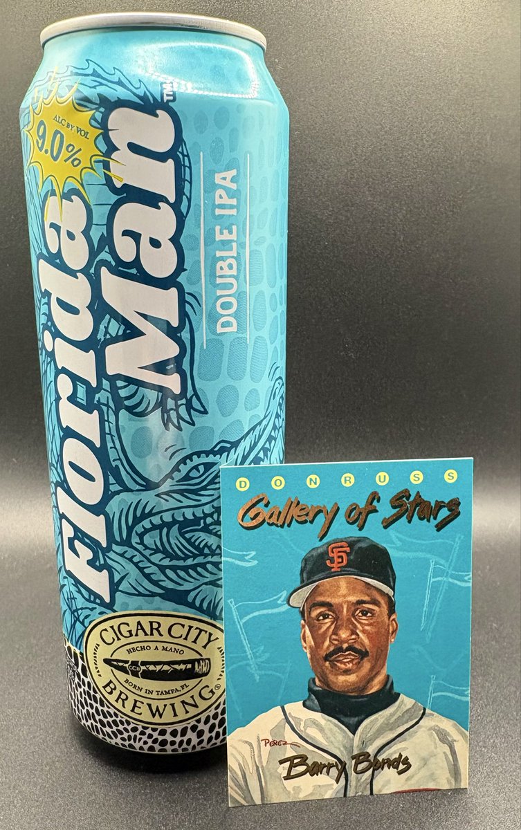 PullsPoursPals's tweet photo. Week 2 of the Beer‑Card Color Match is live.

This week we’re rolling with a Florida favorite and a Giants legend:

🍺 Cigar City Brewing Florida Man Double IPA
🃏 1993 Donruss Triple Play Gallery of Stars - Barry Bonds

Let’s have ourselves a week! 
#sportscards #barrybonds #mlb https://t.co/vuuDucFRHt