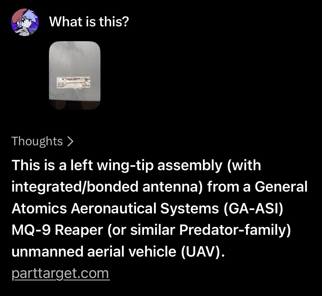 FunkinForNow's tweet photo. They shot down a MQ-9 Reaper

That drone costs $30 million and the US has a shortage of it https://t.co/kCwQaXrjFP