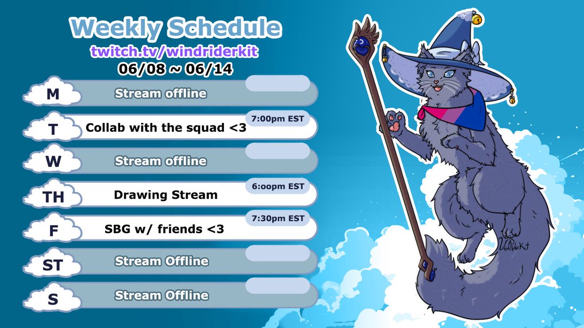 windriderkit's tweet photo. June 8 - June 14 ฅ≽^•⩊•^≼ฅ ⋆⁺₊✧ 
Tuesday ~Collab with the Sakura Squad  7 PM EST
Thursday ~ Drawing Stream 6 PM EST
Friday ~ Super Battle Golf w/ friends! 7:30 PM EST
𝘁𝘄𝗶𝘁𝗰𝗵.𝘁𝘃/𝘄𝗶𝗻𝗱𝗿𝗶𝗱𝗲𝗿𝗸𝗶𝘁 https://t.co/PdqTUFzpQS