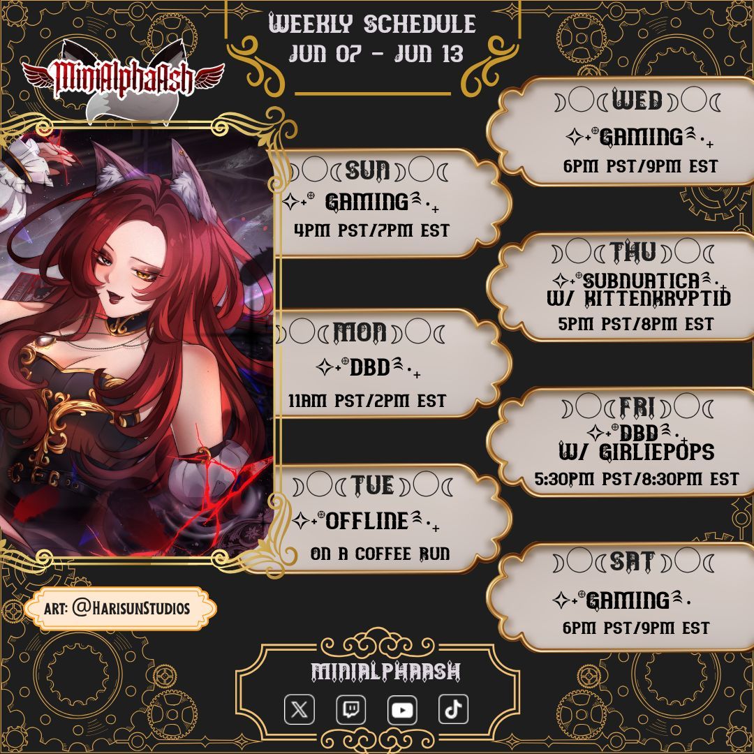 MiniAlphaAsh's tweet photo. TESTING MY SOCIAL BATTERY!! So here is what on the menu:

Sun-Mon: Gaming🎮 and DBD⚔️

Wed-Thur: Gaming🎮 and Subnautica✨

Fri-Sat: DBD⚔️ and Gaming🎮

Ft. @Shad0wVT, @kitten_kryptid, @mysticrosalievt, @StarbattiX, @AngelicKittenVT
༉‧₊˚🕯️🖤❀༉‧₊˚. ༉‧₊˚🕯️🖤❀༉‧₊˚. ༉‧₊˚🕯️🖤❀༉‧₊˚.