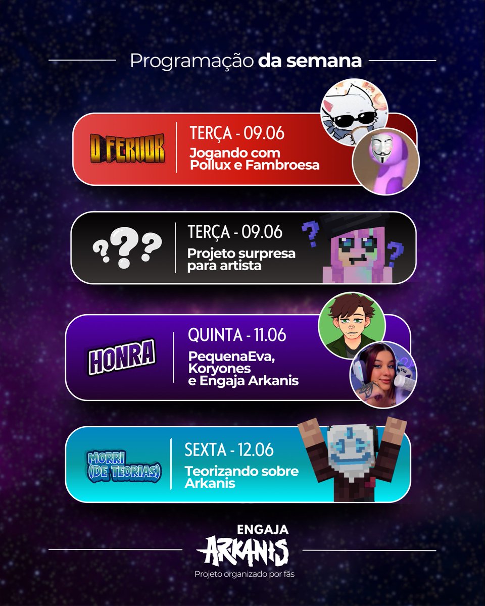 EngajaArkanis's tweet photo. 🚨 Cronograma da semana do Engaja Arkanis! 

🎮09.06 - Comunidade jogando com @pawsncake e @fambroesinha 
🎨09.06 - Anúncio de evento para artistas 
❤️‍🔥11.06 - Live com o @Koryones e @euPequenaEva 
📚12.06 - Teorias com a comunidade

Em breve teremos posts individuais explicando melhor cada evento. Entrem no Discord para as novidades! 💜

#Arkanis #EngajaArkanis 

—🐈‍⬛
