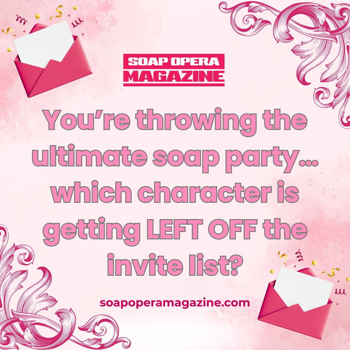 SoapOpera411's tweet photo. Every soap fan has that one character who turns a fun party into chaos. Whether they're always playing the victim or stirring up drama, someone has to be left off the guest list. If you're hosting the ultimate soap bash, who gets the snub? 🎉🤔
#Soaps #SoapOpera https://t.co/wt87BV4FpU