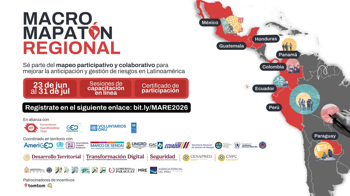 PNUDLAC's tweet photo. Del 23 de junio al 31 de julio, gobiernos, universidades y organizaciones de 8 países trabajaremos para actualizar la cartografía 🗺️ de zonas con vacíos críticos de datos geoespaciales.

¡Súmate a la Macro Mapatón Regional! 

Regístrate 👉 https://t.co/rDHezZynjz https://t.co/nyw4ryXuQt