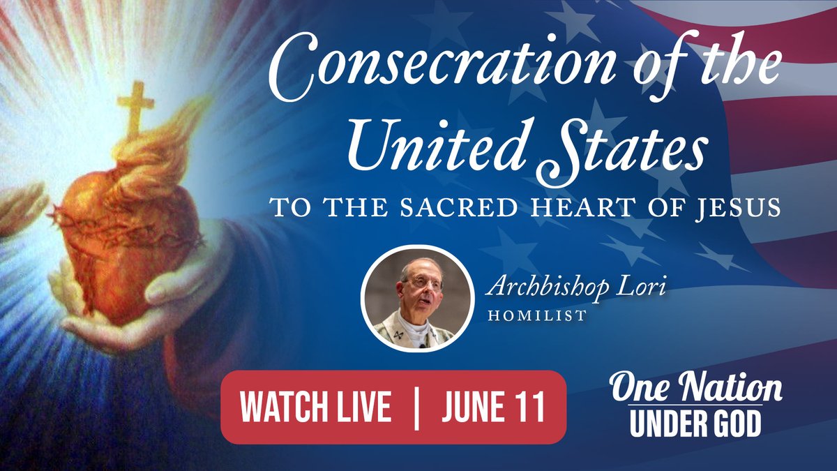 archbalt's tweet photo. A historic moment for the Catholic Church in the United States is just days away.

On Thursday, June 11, the U.S. bishops—including Archbishop Lori—will consecrate our nation to the Sacred Heart of Jesus. Catholics everywhere are invited to join in prayer and witness this powerful expression of faith and trust in Christ.

Join Catholics across the nation for a historic moment of prayer and faith.
❤️ Mark your calendar and be part of this historic moment of faith by watching live, here 👉 https://t.co/w90Mt1Lhh8