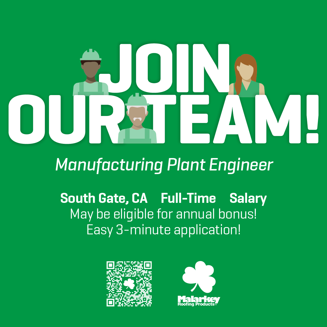 MalarkeyRoofing's tweet photo. We're hiring a Manufacturing Plant Engineer in South Gate, CA! Help us design capital projects and drive continuous improvement.

• $125k-$160k + great benefits
• Engineering Degree
• 3+ years manufacturing exp.

Apply today:
🔗 https://t.co/JZsS97NZQG

#EngineeringJobs @Amrize