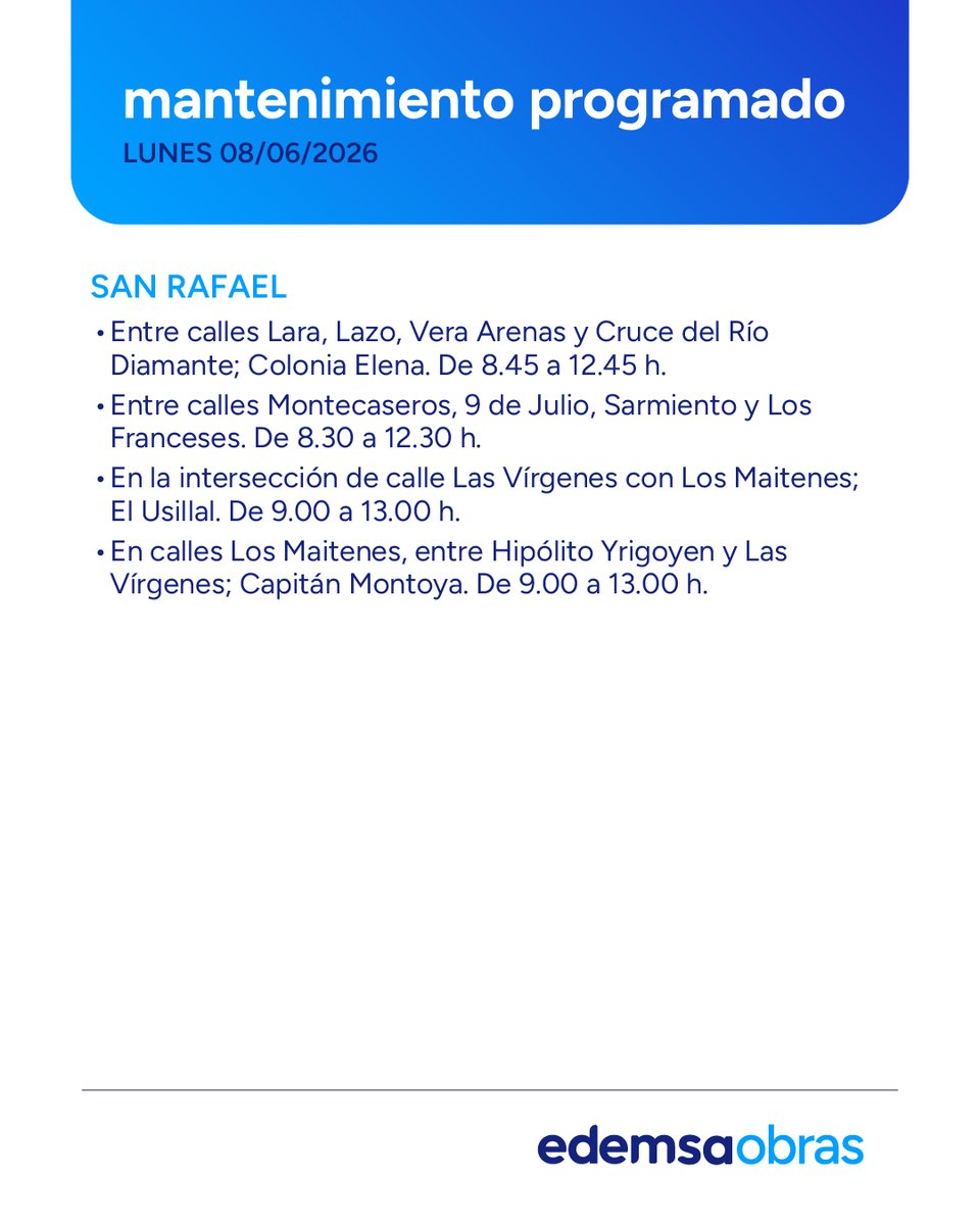 Edemsa's tweet photo. ⚠️ Mantenimiento Programado #Edemsa
Lunes 8 de Junio.
Afectación del servicio en las siguientes zonas y horarios.
Recordá que podés consultar la semana de #Mantenimiento2026 en nuestra web https://t.co/wOaqbAuqht https://t.co/rJT6sazwT1