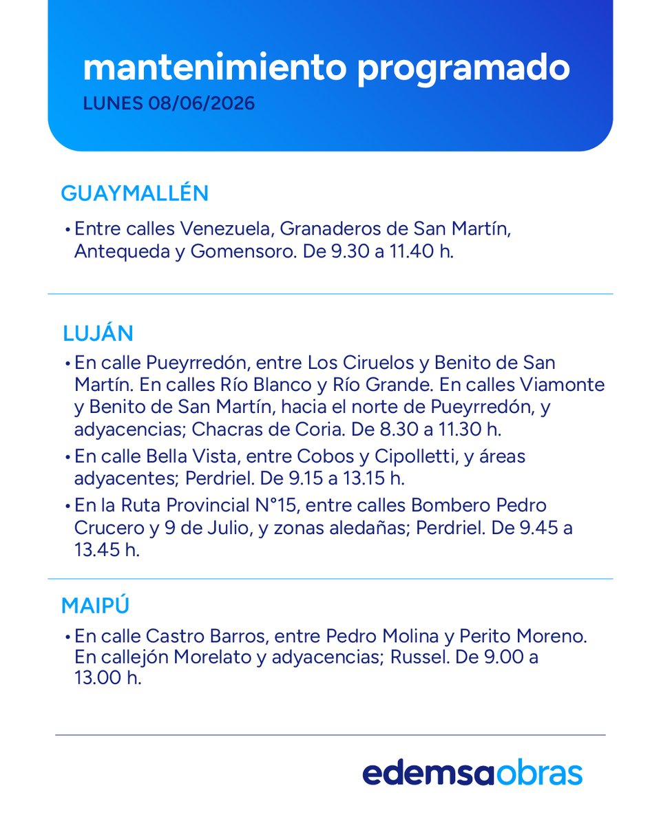 Edemsa's tweet photo. ⚠️ Mantenimiento Programado #Edemsa
Lunes 8 de Junio.
Afectación del servicio en las siguientes zonas y horarios.
Recordá que podés consultar la semana de #Mantenimiento2026 en nuestra web https://t.co/wOaqbAuqht https://t.co/rJT6sazwT1