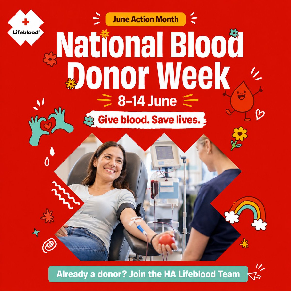 HaemAus's tweet photo. National Blood Donor Week starts today.
This June Action Month, we are encouraging our community to take practical action.
Already a donor? Join the Haemochromatosis Australia Lifeblood Team.  If not sure whether you can donate, talk to your GP. https://t.co/UI4VaU36FO https://t.co/LBUS19gqkY