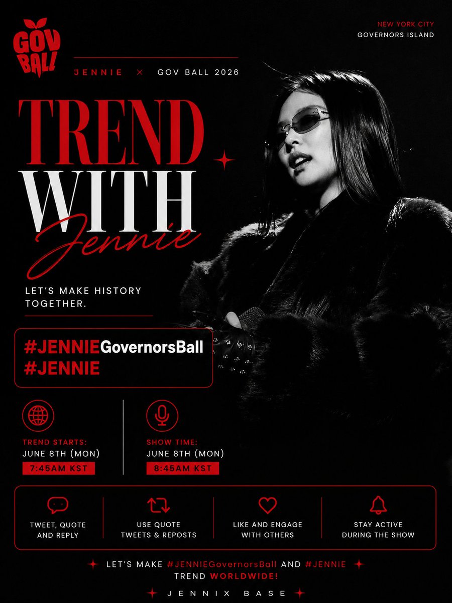 Jennixbase's tweet photo. ✨ 📢 La espera terminó.

Hoy acompañamos a Jennie en un momento histórico de su carrera. Mantengamos la conversación activa y llevemos los hashtags oficiales a lo más alto.

Hagamos historia juntos.

# OFICIALES: #.JENNIEGovernorsBall  #.JENNIE

#제니 @jennierubyjane #JENNIE https://t.co/dFbZQgO1zv
