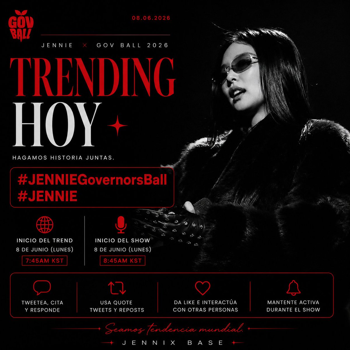 Jennixbase's tweet photo. ✨ 📢 La espera terminó.

Hoy acompañamos a Jennie en un momento histórico de su carrera. Mantengamos la conversación activa y llevemos los hashtags oficiales a lo más alto.

Hagamos historia juntos.

# OFICIALES: #.JENNIEGovernorsBall  #.JENNIE

#제니 @jennierubyjane #JENNIE https://t.co/dFbZQgO1zv