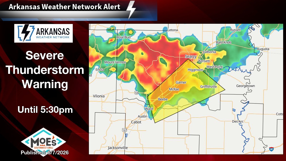 ARWXnetwork's tweet photo. Severe Thunderstorm Warning for Lonoke, Prairie, and White County in AR until 5:30pm. https://t.co/ivbKPWQW7Z