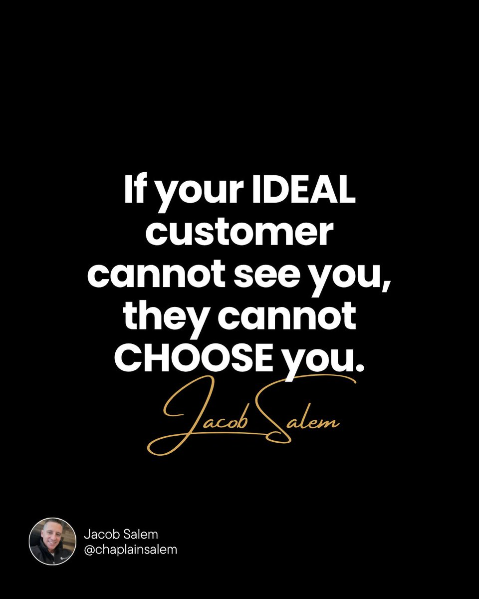 ChaplainSalem's tweet photo. You can have the right offer, the right experience, and the right solution. But if your ideal customer never sees you, none of it matters.

Visibility is not vanity.
It is access.

People can’t choose what they don’t know exists. https://t.co/lxCSzHQAFI