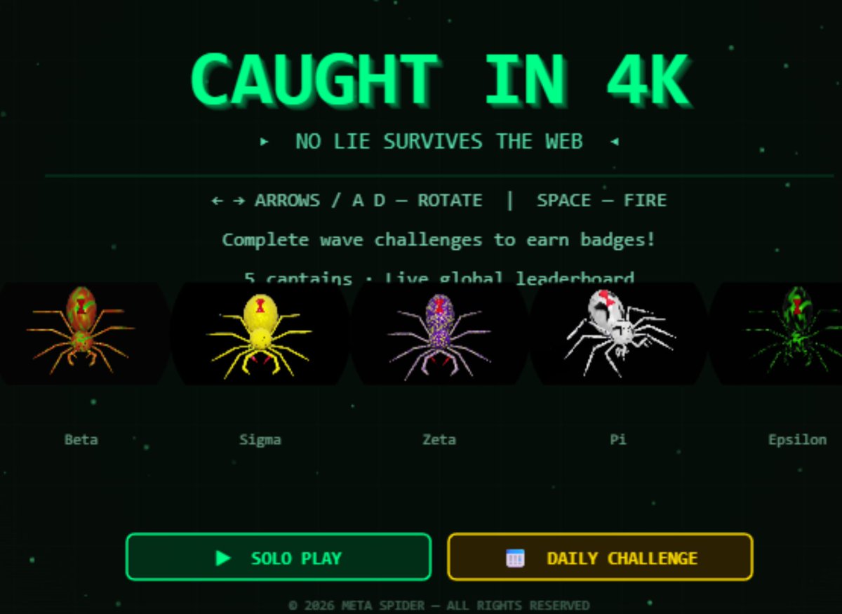MetaspidersNet's tweet photo. Free. Browser-based. No download. No excuses.

#CaughtIn4K is the latest #indiegame drop from the Meta Spider Universe — built for players who think they're ready. Are you? 

 https://t.co/Gj07fp5fKb   
#itchio #browsergame #indiegames #DailyChallenge" https://t.co/mchJPVGyqn