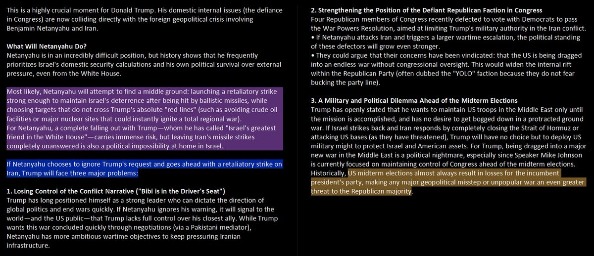 Prima199911's tweet photo. @VividProwess @Netanyahu balancing political survival against US pressure.He prioritizes Israeli security over US demands.He’ll likely launch a strong strike to maintain deterrence,while avoiding Trump’s red lines—like oil / nuclear sites—to prevent a total regional war https://t.co/svPJN2EcGi https://t.co/85bQbFY2py