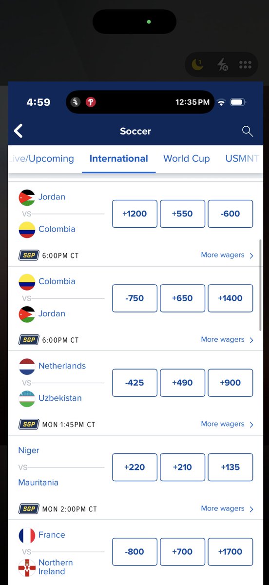 ActorRickM's tweet photo. @FanDuel another example of an upcoming game in soccer. Jordan vs Columbia at 6pm central time. It’s in there twice and different odds for Columbia . One has them at -600 and the other -750 and it’s the same game. FanDuel needs to fire who they contract the app work out too. https://t.co/gI43DKHIod