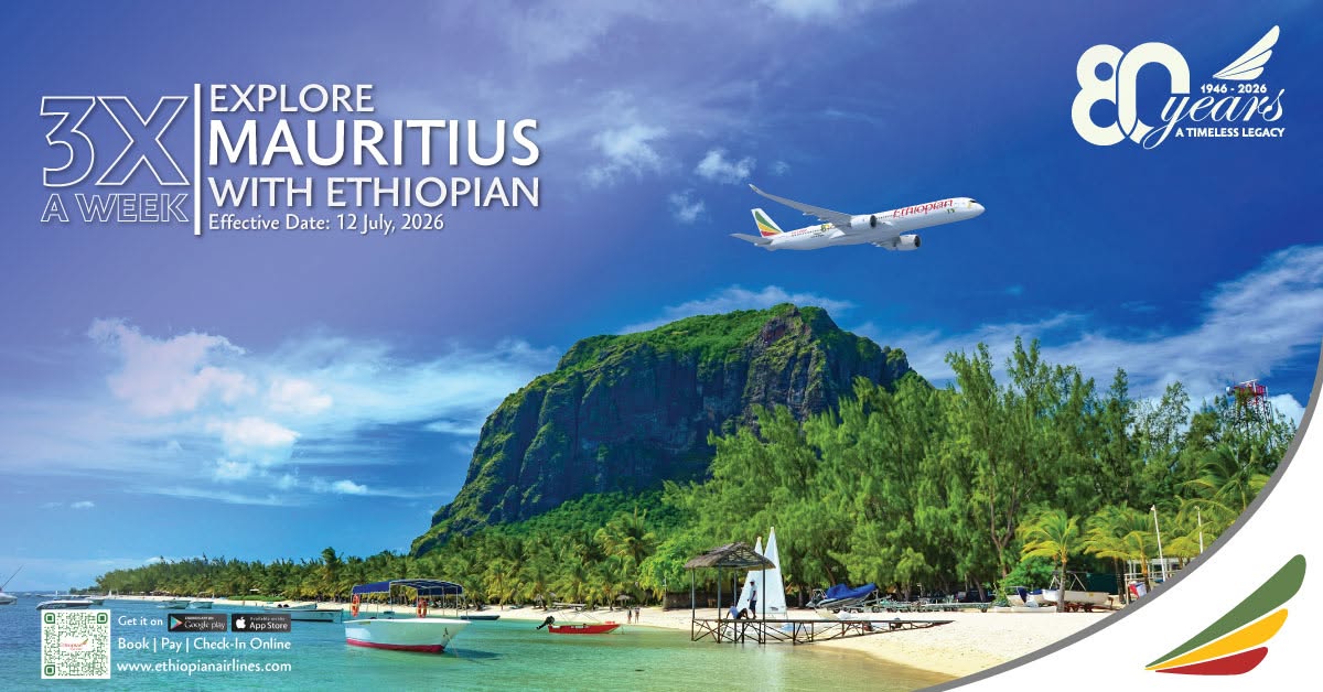 GoldStrAviation's tweet photo. Fly to Mauritius with Ethiopian Airlines starting July 12, 2026, with three weekly flights and discover the charm of this tropical paradise. Click the link below for more details: https://t.co/N0JKzpRGiL
#EthiopianAirlines #Mauritius https://t.co/7dPOR1BxIj
