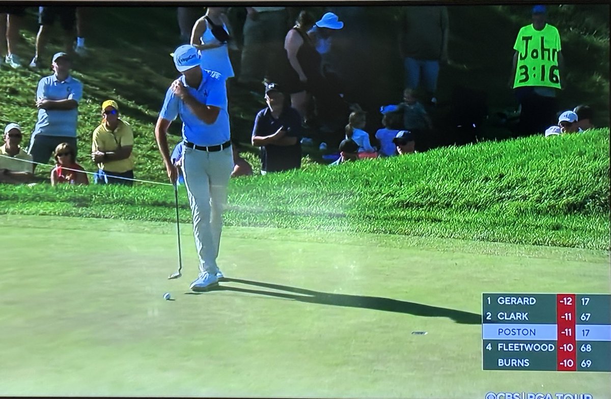 sadbucek's tweet photo. Kudos to the brother who designed the very visible John 3:16 T-shirt and positioned himself just right near the 18th green to spread the Word!  #PGA #CBSSports https://t.co/InORLmDkmY
