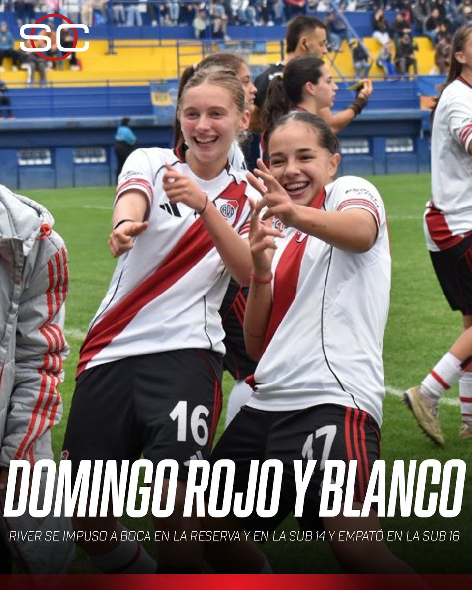 SC_ESPN's tweet photo. 🎩 JORNADA MILLONARIA EN CASA AMARILLA

⚽ Se disputaron los Superclásicos de Inferiores del fútbol femenino:
⚪🔴⚪ Boca 1-2 River (Morena Lomba y Tiziana Lavigna) en la Reserva Sub 19
🤝 Boca 2-2 River en la Sub 16
⚪🔴⚪ Boca 0-3 River en la Sub 14

⚪🔴⚪ El Superclásico femenino del #TorneoApertura jugado en Casa Amarilla el 21 de mayo también fue para River, que derrotó 1-0 a Boca con gol de Mechi Diz

📷 @RiverPlateFem