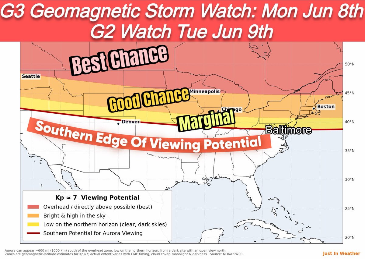 JustinWeather's tweet photo. 🌌 G3 Strong Geomagnetic Storm Watch for Tonight!  Note this is Universal Greenwich Mean Time that turns the next day at 8 PM EDT. 

‼️ NOAA has issued a G3 (Strong) Geomagnetic Storm Watch for June 8 ( ⚠️ with G2 possible on the 9th) after a CME erupted from the Sun on June 6. 

👉🏻 This means Northern Lights (aurora) could be visible across parts of the northern and mid-northern US — including a chance here in the Mid-Atlantic and Northeast!

👉🏻 This is different from the event a few days ago and worth noting that this is not perfect. Timing of the energy and where on the edge of our magnetosphere it arrived can make or break the potential sky show. 

⏰ Best Timing for Mid-Atlantic & Northeast:
•  Tonight (Sunday June 7 into Monday June 8): Activity ramps up after sunset. Peak viewing likely AFTER 10 PM to 4 AM local time, especially around local midnight.

👀 Look north from a dark sky location (away from city lights). Even if faint to the naked eye
📱 your phone camera in Night Mode can capture amazing shots!

Viewing Potential:
•  Strongest shows overhead in northern states (ME, NH, VT, northern NY, MI, MN, etc.).

•  Low on the northern horizon possible from PA, NJ, NY, CT, MA, OH, and parts of the Mid-Atlantic under clear skies. In south-central PA (like York area), head to rural spots — faint glows have been seen this far south during similar G3 events!

Clear skies are key. 
Tag your aurora photos with location and time! 

Who’s heading out again to try and hunt the lights?

#NorthernLights #AuroraBorealis #G3Storm #SpaceWeather