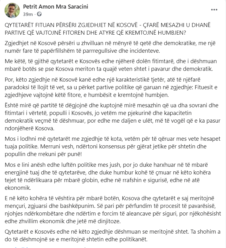 amon_mra's tweet photo. Qytetarët fituan përsëri zgjedhjet në Kosovë - çfarë mesazhi u dhanë partive që vajtojnë fitoren dhe atyre që kremtojnë humbjen? 👇 
#ZgjedhjetNëKosovë2026 https://t.co/rCuMtvEqdf