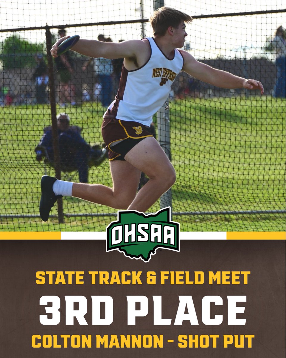 WestJeff_AD's tweet photo. 🥉Congratulations to freshman Colton Mannon on an outstanding performance at the OHSAA State meet at OSU! 

Colton earned a 3rd-place finish in the Shot Put and also placed 9th in the Discus. Senior Will Workman represented the Roughriders in the High Jump competition. https://t.co/vPqVQOiXuu