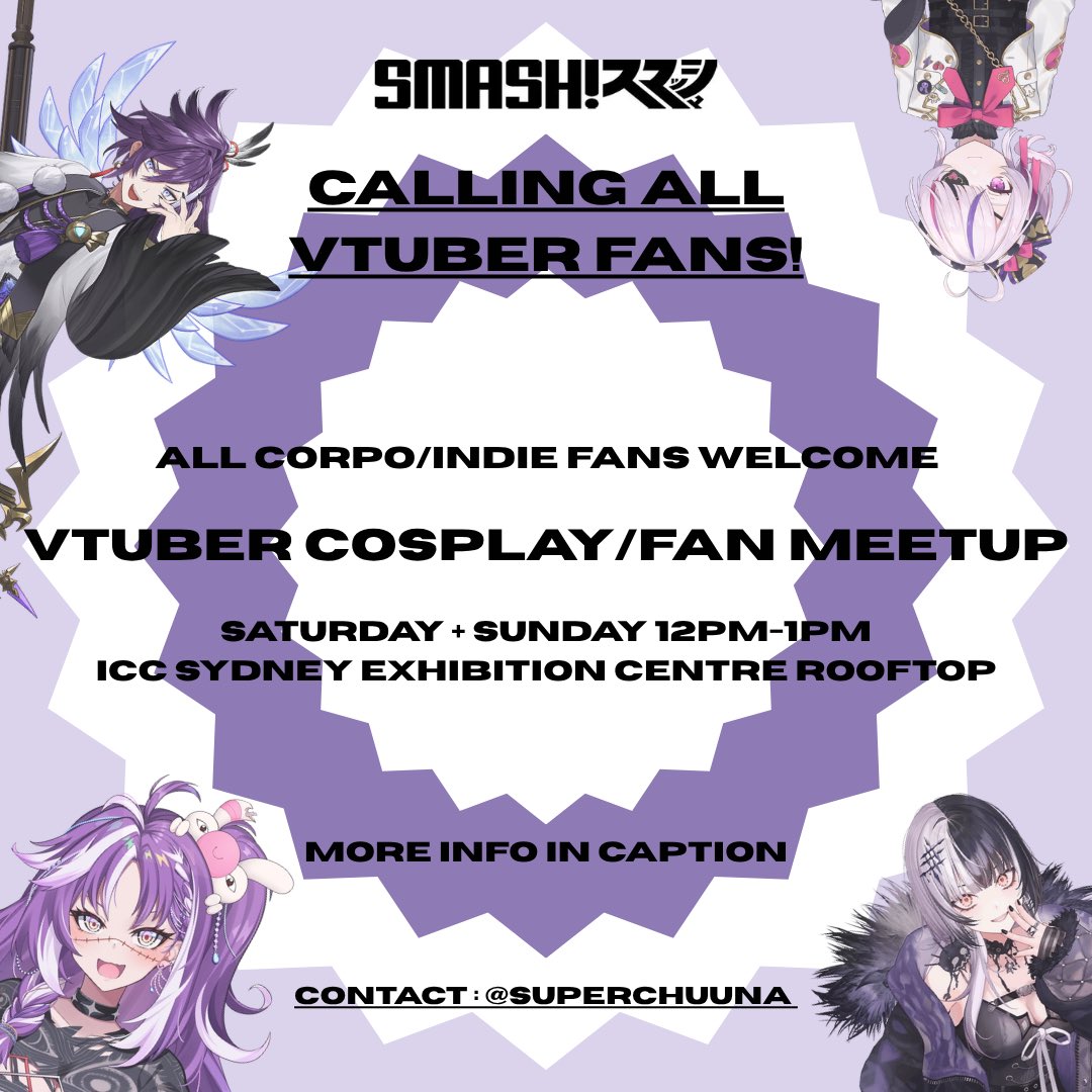 superchuuna's tweet photo. CALLING ALL VTUBER FANS ATTENDING SMASH 🗣️🗣️🗣️ COME TO MY MEETUP don’t miss your chance to meet miss superchuuna 💜💜💜

Also posted on my Instagram! @superchuuna 

please attend my meetup we will take photos and videos and cosplay and hang out plsplsplspls https://t.co/e8IMWwkDAh