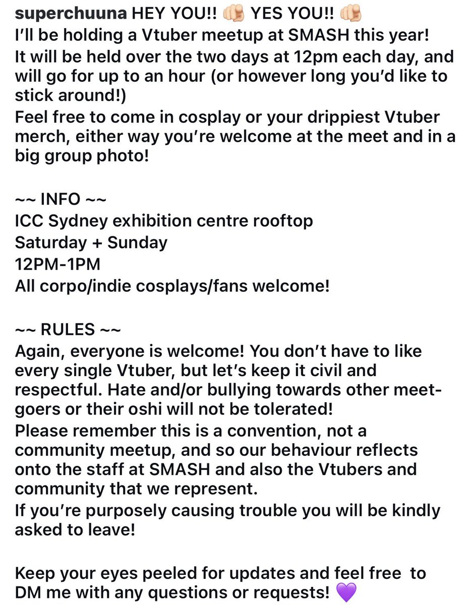 superchuuna's tweet photo. CALLING ALL VTUBER FANS ATTENDING SMASH 🗣️🗣️🗣️ COME TO MY MEETUP don’t miss your chance to meet miss superchuuna 💜💜💜

Also posted on my Instagram! @superchuuna 

please attend my meetup we will take photos and videos and cosplay and hang out plsplsplspls https://t.co/e8IMWwkDAh