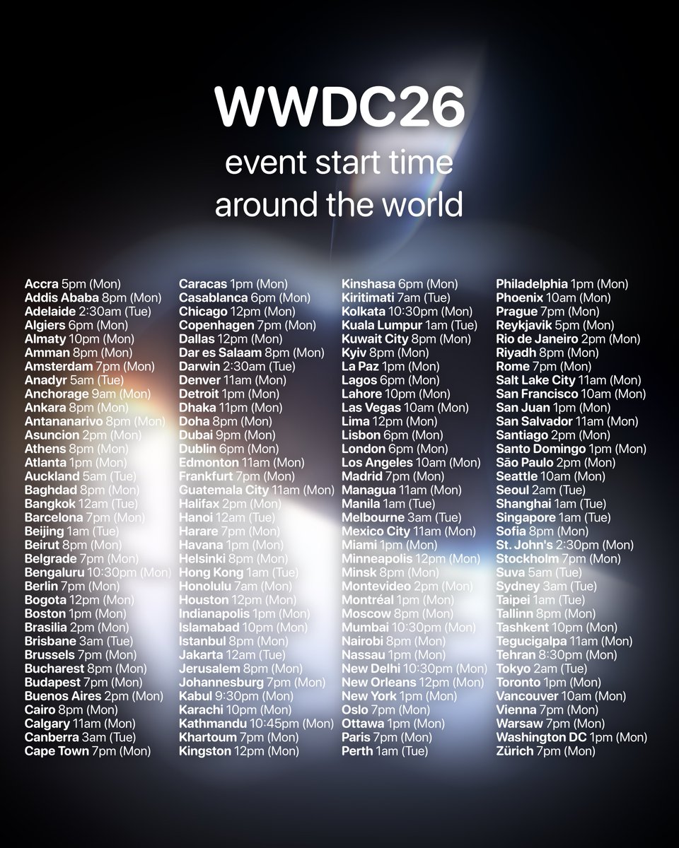theapplehub's tweet photo. These are the #WWDC start times in various cities around the world! 

Will you be watching the event? https://t.co/7dyX032ZiA