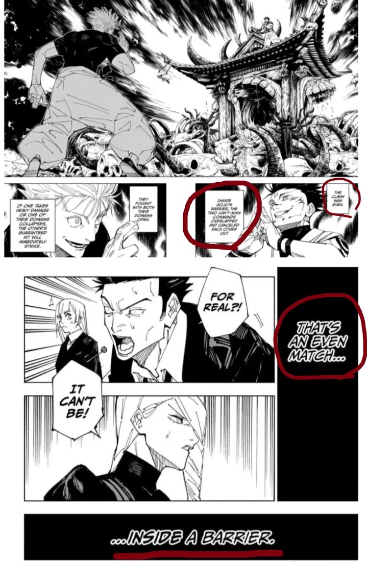 SamaJigen's tweet photo. @KaroshiMike @burialhaven @OLIVERELITIST That's not what I said ,I said that in the case of Gojo ,Sukuna had to destroy his barrier to apply his sure hit effect cuz inside the barrier their sure hit effect nullified each other , but in the case of Yorozu ,he can probably overpower it even inside the barrier. https://t.co/Ari7Vc1Ing