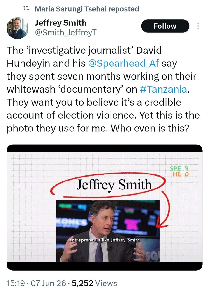 DavidHundeyin's tweet photo. After feverishly trying and failing to pick any holes in the documentary, the only thing the usual suspects could find was that an editor used a wrong photo of Jeffrey Smith.

Look who retweeted 🤣 and look who is writing "lol" in the comments👇🏾

The NED Senior Director for Africa.

I hope you people are seeing them mark their attendance and confirm who was really behind the Tanzania stunt?