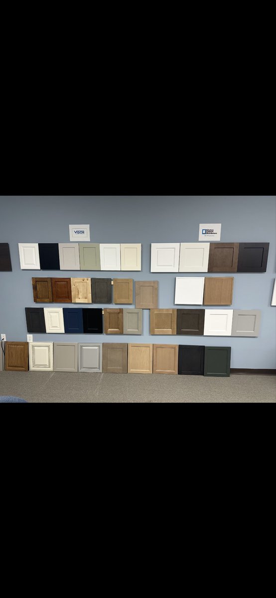 Tinyv73's tweet photo. @Coco_8_32 Typed it. 
I have a “showroom” that displays my tile and cabinets for people to pick and choose. My current display is just doors on a wall as you can see my tile is on point. Cabinets not so much 😂 https://t.co/NZbC5LynKa