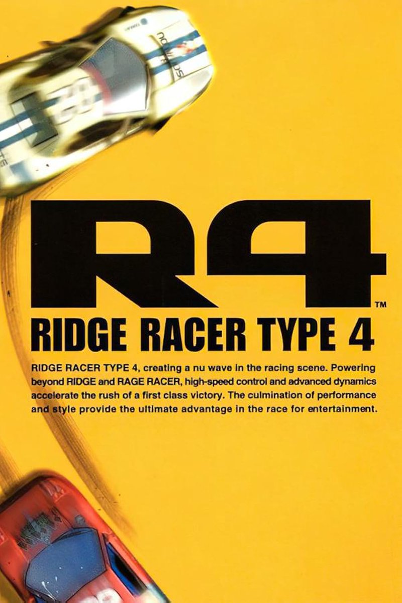 Swojguy's tweet photo. R4: Ridge Racer Type 4 (1998, PSX)

I've missed out on gold for so long. Should be played just for the soundtrack. Tried it for first time today,  extremely impressed. There's also a crazy challenge to unlock 320 cars. But honestly just do it for the music. DnB, chic, acid jazz https://t.co/DkY3palds7