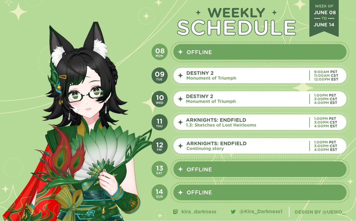Kira_Darkness1's tweet photo. Time is EXTREMELY subject to change for Tuesday and Wednesday.

I know I want to do longer streams for Destiny 2 to celebrate Monument of Triumph, just now sure exactly how long. So I put 9:00 a.m. for Tuesday but left Wednesday untouched just in case.

Destiny 2 changed my life, and that is not hyperbole. It gave me memories that shaped and reshaped my teenage and young adult years. Having been with the franchise since the beta, I can say easily that without it, Kira would have been very different.

It got me back into writing, got me to make friends and change my outlook on life, and gave me exquisite experiences I would NEVER take back.

I might be tempted to do something week-long, but it's hard to say for certain right now. At worst, I'm perfectly happy to play some Endfield since the new patch just dropped.

Per Audacia Ad Astra, Foxlings. 💚