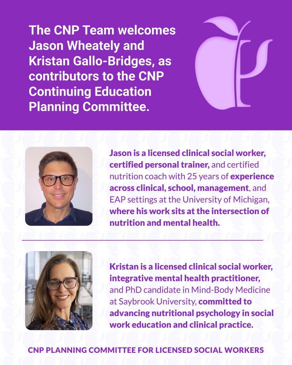 nutripsy's tweet photo. 🎉The CNP Team welcomes Jason Wheately, LMSW, and Kristan Gallo-Bridges, LCSW, CIMHP, MBA, as contributors to the CNP Continuing Education Planning Committee.

#NutritionandMentalHealth #NutritionalPsychology #ContinuingEducation #ProfessionalEducation #SocialWorkEducation https://t.co/jpcCmXXsGU