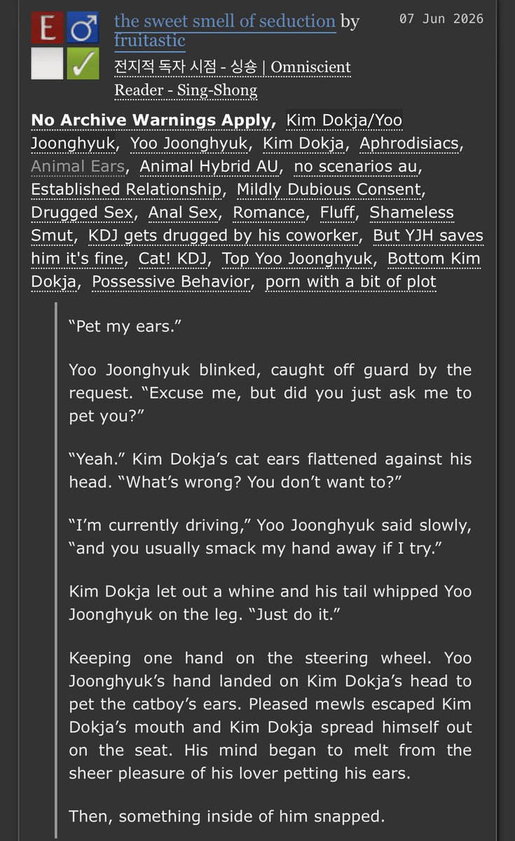 _fruitastical's tweet photo. Finally pulled myself together to post my Joongdok Animal Instinct Zine fic! (NSFW!)

Where Cat!KDJ gets drugged and his beloved YJH whisks him away to a love nest and oh…🫣
-.-
Anyways, let’s ignore how late this is. Enjoy!

Link to fic below⬇️ https://t.co/9fmFIM54gn