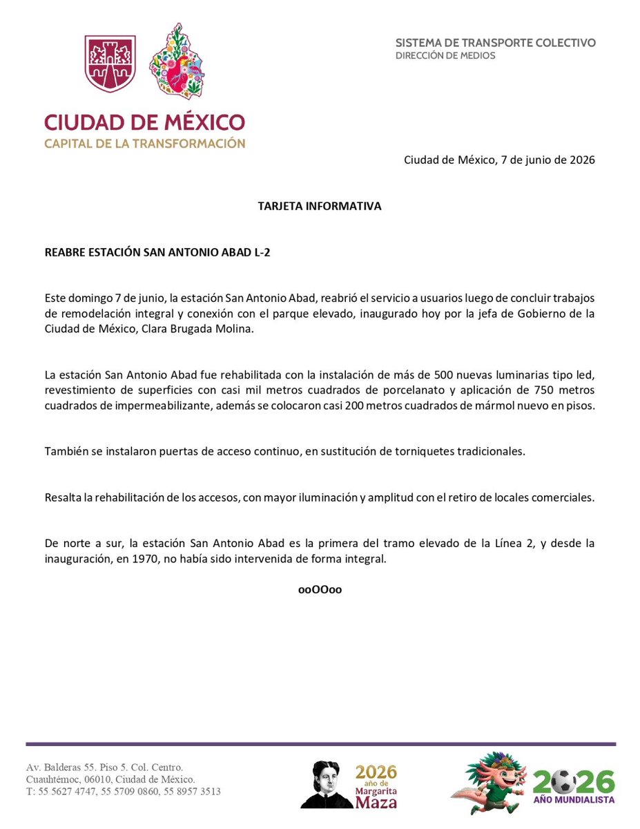MetroCDMX's tweet photo. #TarjetaInformativa: El Metro informa que esté domingo 7 de junio se reabrió la estación San Antonio Abad de la Línea 2. https://t.co/Q6AqVIznJW