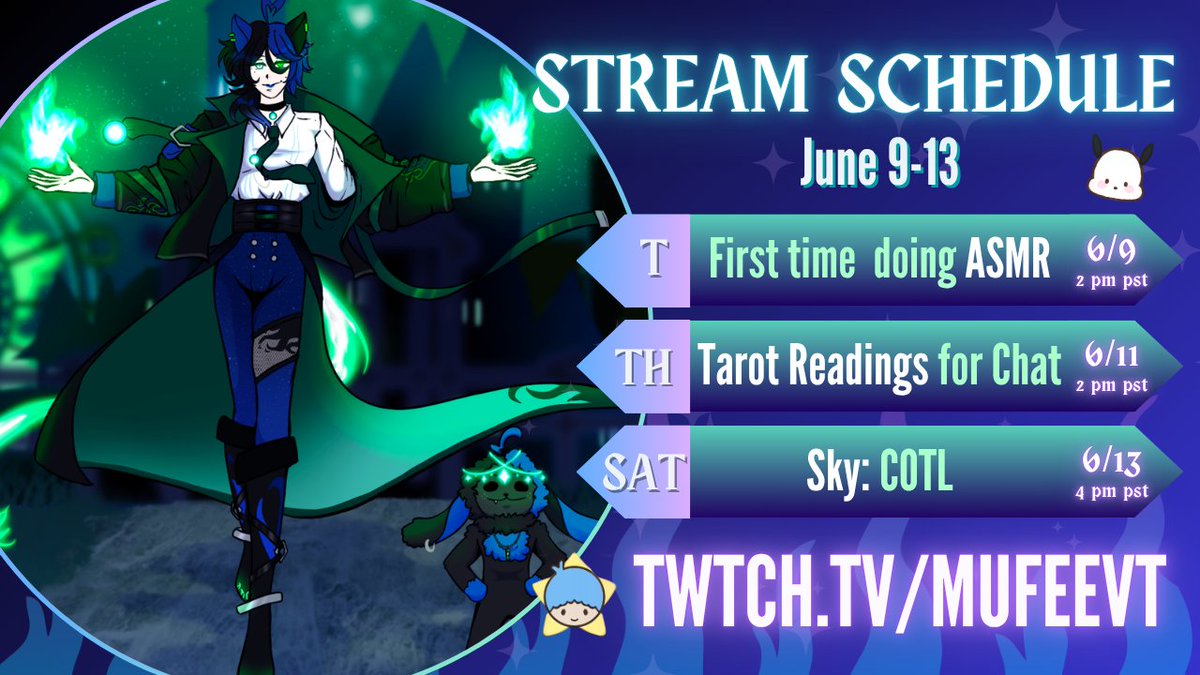 MufeeVT's tweet photo. New things in store for streams! (PST)

🎵T - ASMR for the first time - 2 PM 
🃏TH - Triple Tea Tarot (Readings for chat)  - 2 PM
💫 SAT - Sky: Children of the Light - 4 PM

https://t.co/xJWLsbALvR | #vtuber https://t.co/9c7xP3gjGu