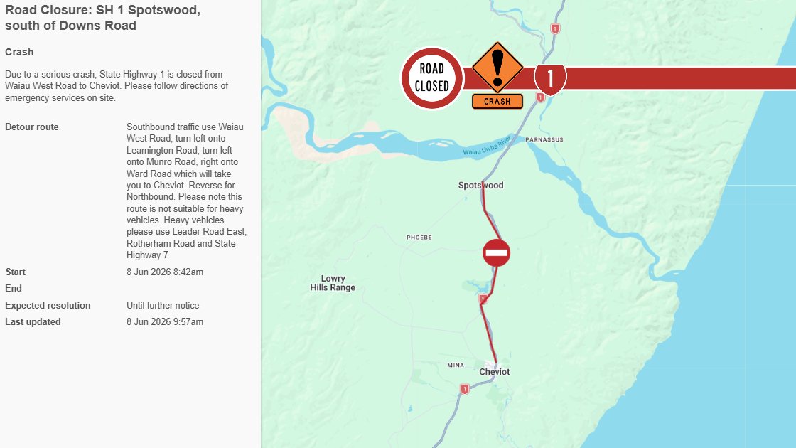 nztacwc's tweet photo. UPDATE 10AM
SH1 remains CLOSED between Waiau West Rd and Cheviot due to a serious crash.
Southbound traffic use Waiau West Rd, turn left onto Leamington Rd, turn left onto Munro Rd, right onto Ward Rd to Cheviot. Reverse for northbound traffic. Not suitable for HPMV. https://t.co/kdSoTEnzPC