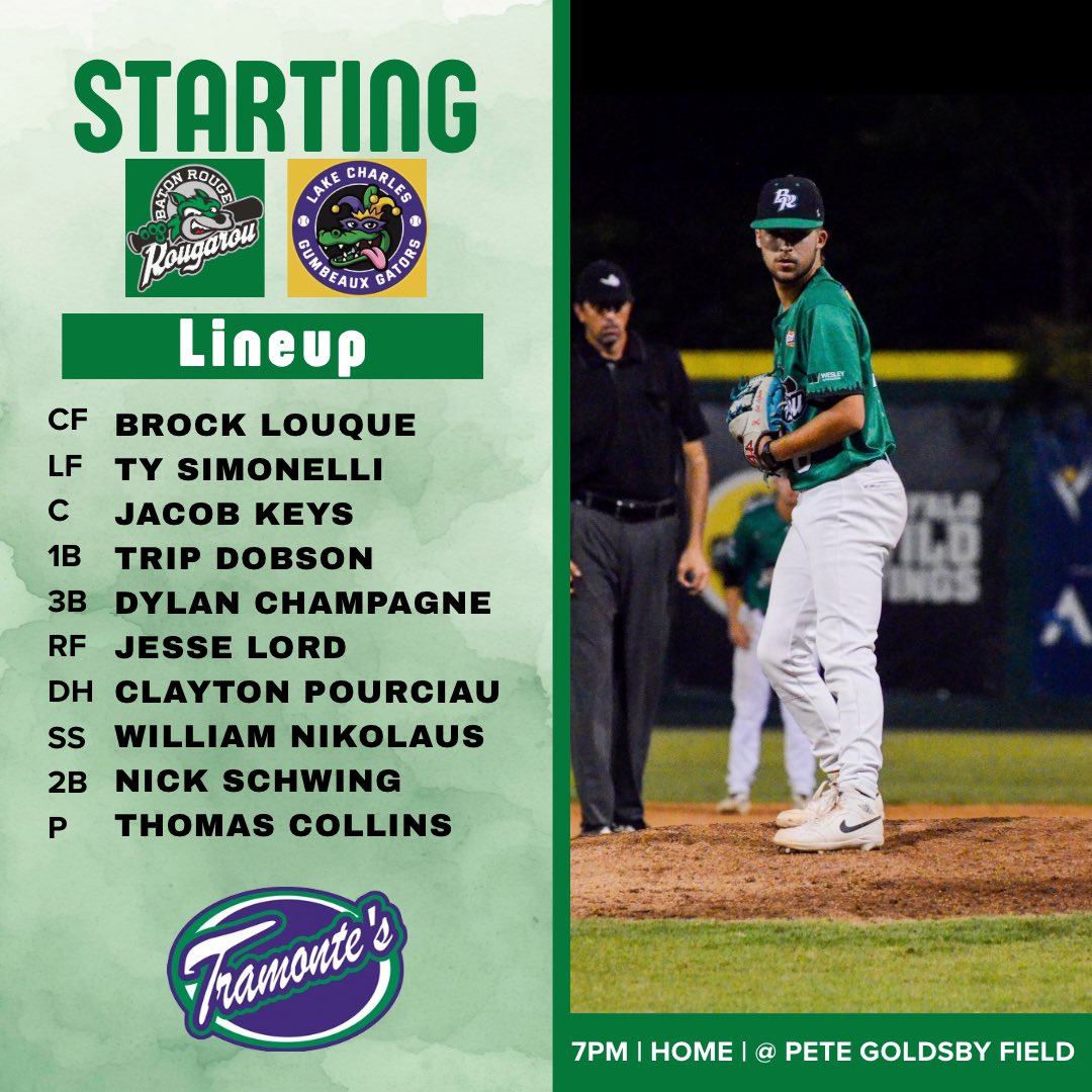 BRRougarou's tweet photo. STARTER for tonight’s game against the Gumbeaux Gators. Be there at 7 pm! 

Let’s get another W. Geaux Rougs!!!

#defendingchamps #tcl #startinglinup #summerball #rougaroubaseball https://t.co/mZwqfZmhxI