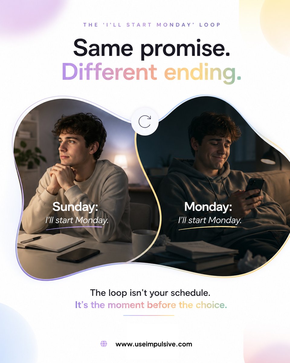 useimpulsive's tweet photo. Sunday: "I'll start Monday."
Monday: "I'll start next Monday."

The loop doesn't care about your calendar.

It cares about the gap between knowing and acting.

https://t.co/YgYTNQMmCa

#HabitLoop #SelfControl #MentalWellness #BehaviourChange #Relatable https://t.co/sDHzGOBzvO