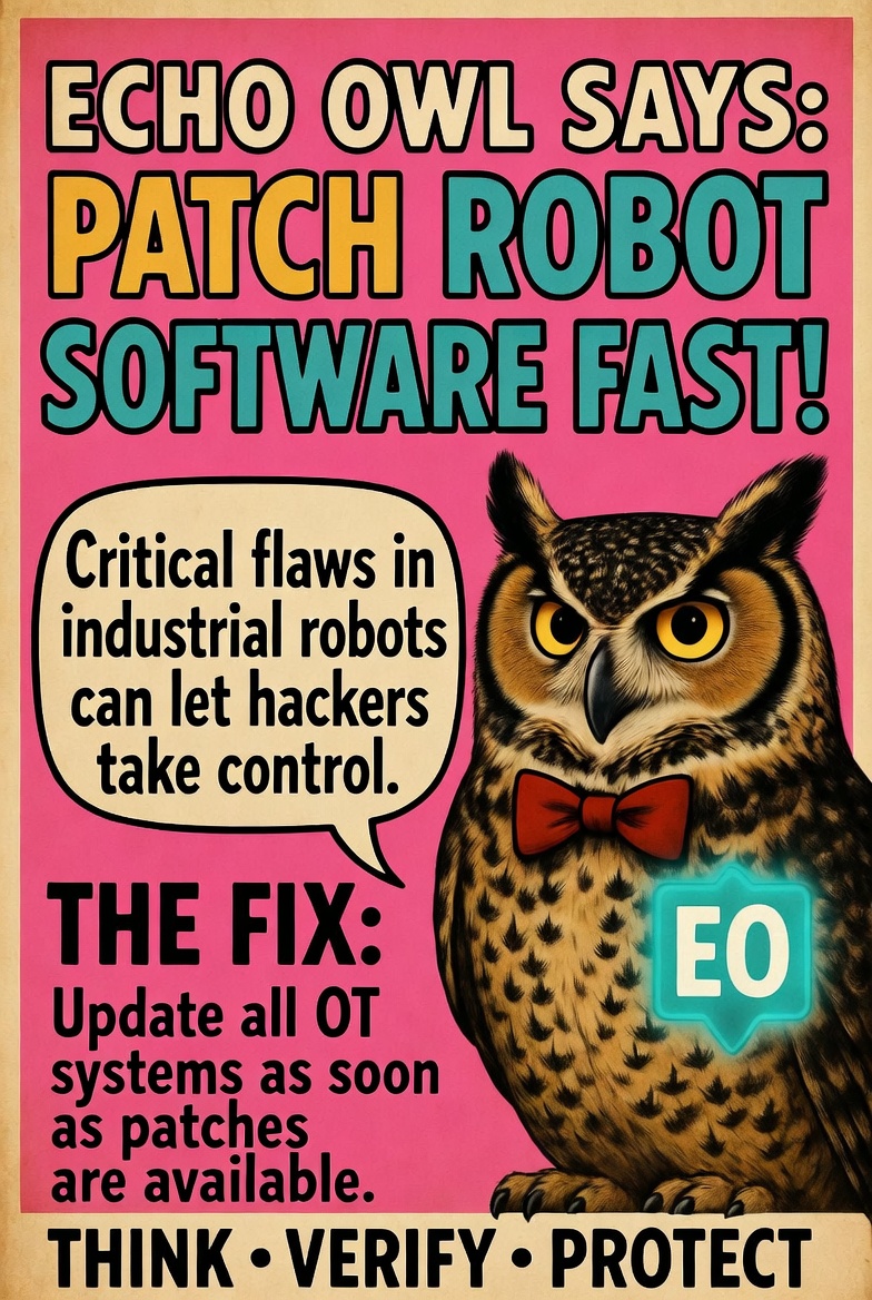 Cyber_Info_BB's tweet photo. Be Echo Owl safe with your operational tech environments - patches should NOT be ignored...patch or risk...your choice?
Be Echo Owl wise - tips for everyone!
#CyberAwareness #StayCyberSafe #ThinkBeforeYouClick #HumanFirewall #SecureHabits #DontGetHacked #ScamAlert #CyberMistakes #HackersHateThis #SecurityTipsDaily