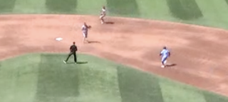 afkostka's tweet photo. Here's the sequence, step by step.

First frame, Gunnar Henderson fields it and Ernie Clement is in his base path.

Second, Clement begins to veer wide.

Third, Henderson sticks out arms, sees Clement wide, abandons tag.

Fourth, Henderson has thrown it. Clement slides. https://t.co/Zrq05y9ks6