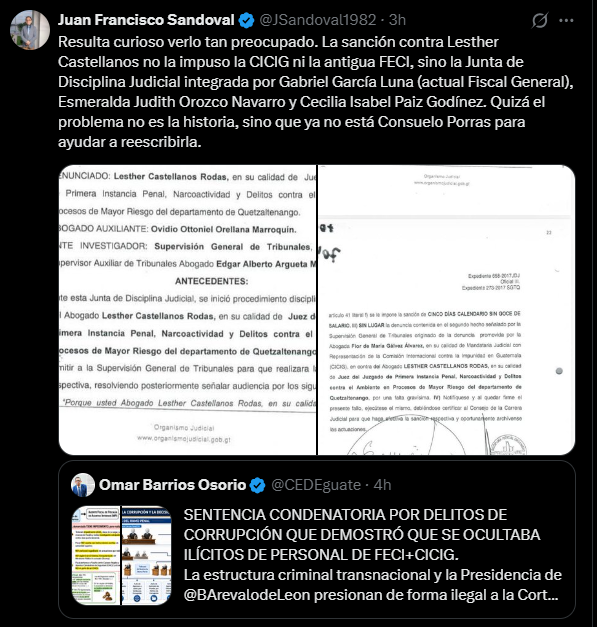CEDEguate's tweet photo. AL EXJEFE DE LA FECI SE LE OLVIDA QUE LO QUE PUBLICA NO TIENE NINGUNA CLASE DE VALOR, QUE NO EXISTIÓ SANCIÓN, PORQUE FUE ANULADA Y REVOCADA Y QUE ÉL, COMO AUTORIDAD SUPERIOR, DEBIÓ EVITAR LAS ILEGALIDADES DE SU SUBALTERNA… PERO NO LO HIZO.

PRIMERO: AGRADEZCO AL EXFISCAL SANDOVAL QUE COMPARTA LA PUBLICACIÓN QUE REALICÉ.
Es importante que sus seguidores conozcan las ilegalidades que se cometieron en la Fiscalía a su cargo.

SEGUNDO: LA RESOLUCIÓN QUE PUBLICA NUNCA ESTUVO FIRME, FUE REVOCADA, ANULADA, POR LO QUE NO CAUSÓ ESTADO (Imagen 1); NO ES MI CULPA SU DESCONOCIMIENTO EN LA MATERIA.
La Junta de Disciplina Judicial -JDJ- emitió una resolución sin cumplir Juridicidad y por eso, vía recurso, la autoridad superior, Consejo de la Carrera Judicial -CCJ-, revocó lo actuado (Imagen 2).

NO es mi culpa que el exfiscal @JSandoval1982 NO tengan conocimiento en materia administrativa y NO entienda hasta cuando una resolución de la JDJ causa estado o, en su caso, quiera confundir a la opinión pública o sus seguidores.

TERCERO: LA JUNTA DE DISCIPLINA JUDICIAL FUE ENGAÑADA UNA VEZ POR PERSONAL DE FECI Y CICIG, LAS OTRAS CUATRO VECES NO PUDIERON ENGAÑARLOS.
Después de haber sido engañados por personal de la FECI+CICIG de Xela, la Junta de Disciplina Judicial, presidido por el magistrado Gabriel García Luna (hoy en día fiscal general de la República), no volvió a caer en las mentiras y falacias, por eso declaró inadmisibles, improcedentes o ilegales, las cuatro denuncias con falsedades y abuso de autoridad que presentó la exfiscal V. Laparra en contra del Juez (esas cuatro si causaron estado y están firmes -Dejo en la Imagen 3 un ejemplo-). 

Les recuerdo que el Juez Castellanos presentó una denuncia (penal) en contra de la fiscal V. Laparra (posteriormente, en Tribunal de Quetzaltenango, fue sentenciada condenatoriamente por ello); al estar siendo investigada por la Fiscalía de Asuntos Internos NO podía realizar investigaciones de ningún tipo en contra de quien la denunció, pero abusando de su cargo utilizó los recursos de la Fiscalía para realizar investigaciones extrajudiciales en contra de quien la denunció, es decir, una Fiscalía creada para perseguir Cuerpos Ilegales y Aparatos Clandestinos de Seguridad del Conflicto Armado Interno en Quetzaltenango, utilizada para perseguir ilegalmente en Ciudad de Guatemala a un Juez de Mayor Riesgo que NO integra CIACS; por eso y más fue sentenciada condenatoriamente en Tribunales de Guatemala por delitos de corrupción (el exfiscal JF Sandoval se negó a declarar en el proceso -eso que sería en línea-).

Además, le recuerdo al exjefe de FECI que el antejuicio que intentaron también fue inadmisible.

Si el exjefe de FECI hubiera actuado con legalidad y de forma sensata, NO hubiera permitido que una subalterna utilizara los recursos de la Fiscalía para investigaciones y actuaciones ilegales, pudo detenerla, pero lo permitió ¿Por qué? Desconozco.  

Pd
JF Sandoval: ¿Por qué se negó a comparecer como testigo en el proceso penal contra la exfiscal V. Laparra? (el Juez autorizó que fuera en línea) ¿Por qué la abandonó? ¿Le preocupaba que ella declaró que las ilegalidades cometidas las hizo “bajo sus órdenes”? (todo está en los audios).

Pd 2
Claro que la estructura transnacional presiona a los magistrados de la CSJ, pero, aunque los coacciones para revocar ilegalmente las sentencias por corrupción, eso no borra las denuncias falsas e improcedentes que fueron presentadas desde la FECI... Todo se soluciona pagando los Q9 mil de la conmuta ¿O están ocultando el fondo del asunto? ¿Será que la razón es que en ese caso la FECI de Xela investigaba a la FECI de Guatemala por "venta" de investigaciones de CICIG? ¿Tendría que realizar esa investigación la Fiscalía de Asuntos Internos y no la FECI de Xela? Las actuaciones que hicieron solo lograron empeorar la situación. 

Pd 3
Hicieron mucho daño con el abuso de poder, la estructura criminal transnacional se ensañó contra el Juez y, por defender al juzgador, también contra mi persona, pero la Justicia los derrotó y no lo superan, por eso usan todo su poder y millonarios recursos para tratar de anular las sentencias por corrupción.